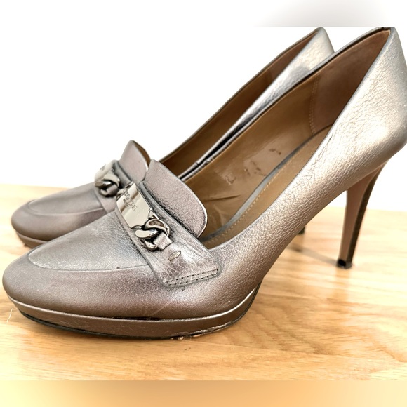 Coach Metallic Gunmetal Leather Platform Pump with Silver Coach Logo Buckle - Picture 10 of 11